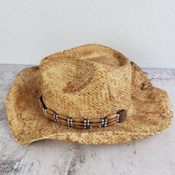 Vintage Straw Hat Cowboy Cowgirl Western Bohemian Unisex size M Resort Beaded - Picture 2 of 10